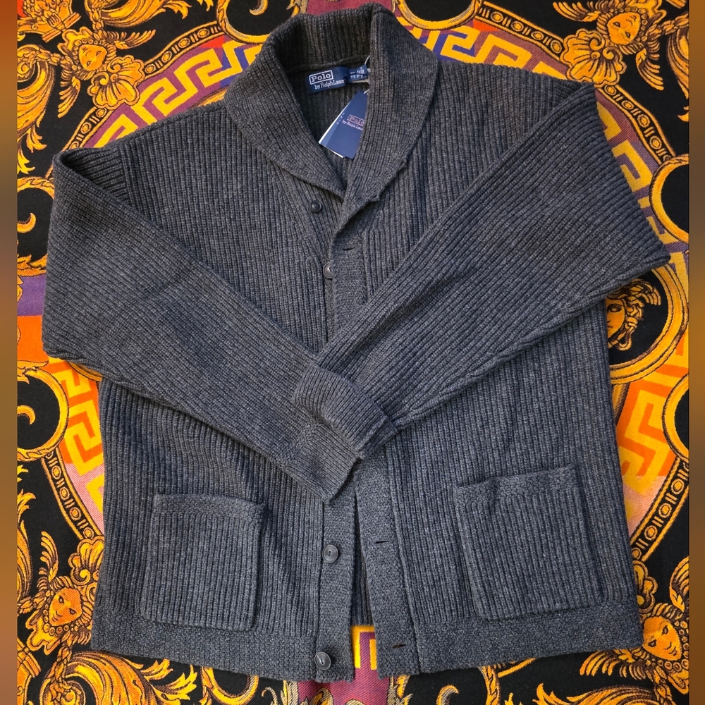 Ralph Lauren Charcoal Ribbed Knit Cardigan